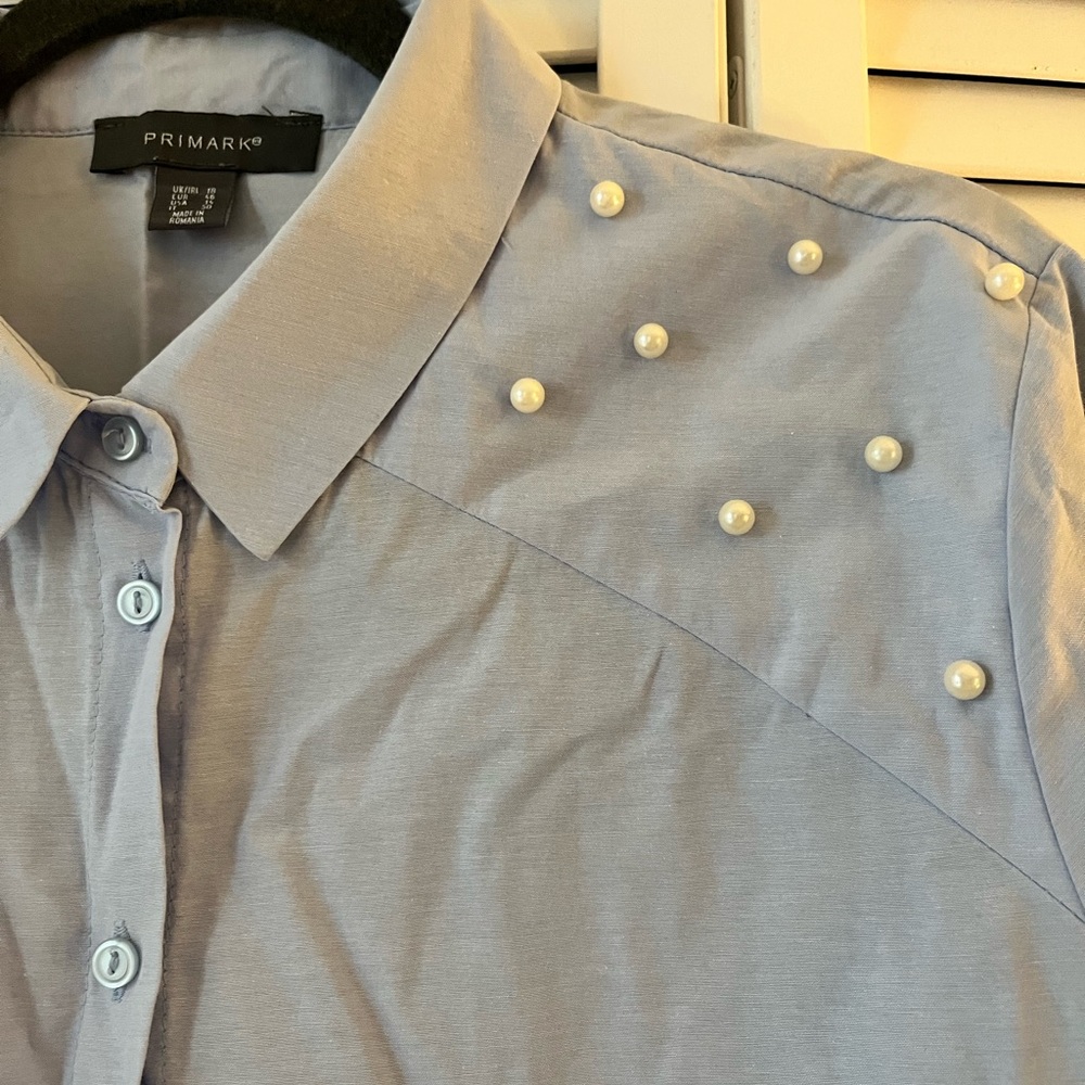 Primark pearl studded button down blue shirt - size 14